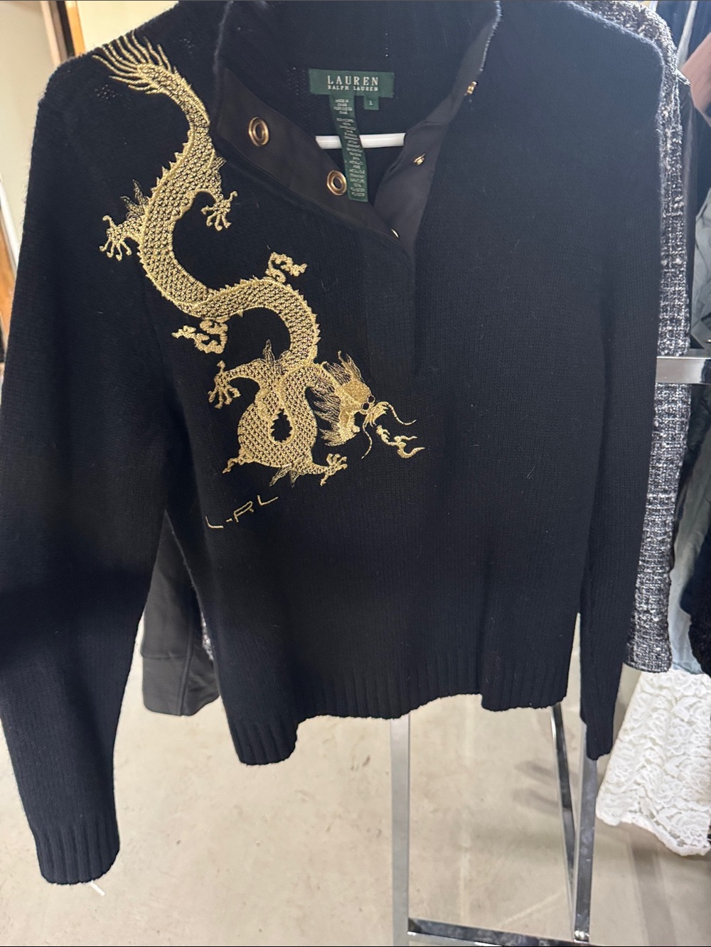 Lauren Ralph Lauren Black Sweater with Gold Dragon Embroidery